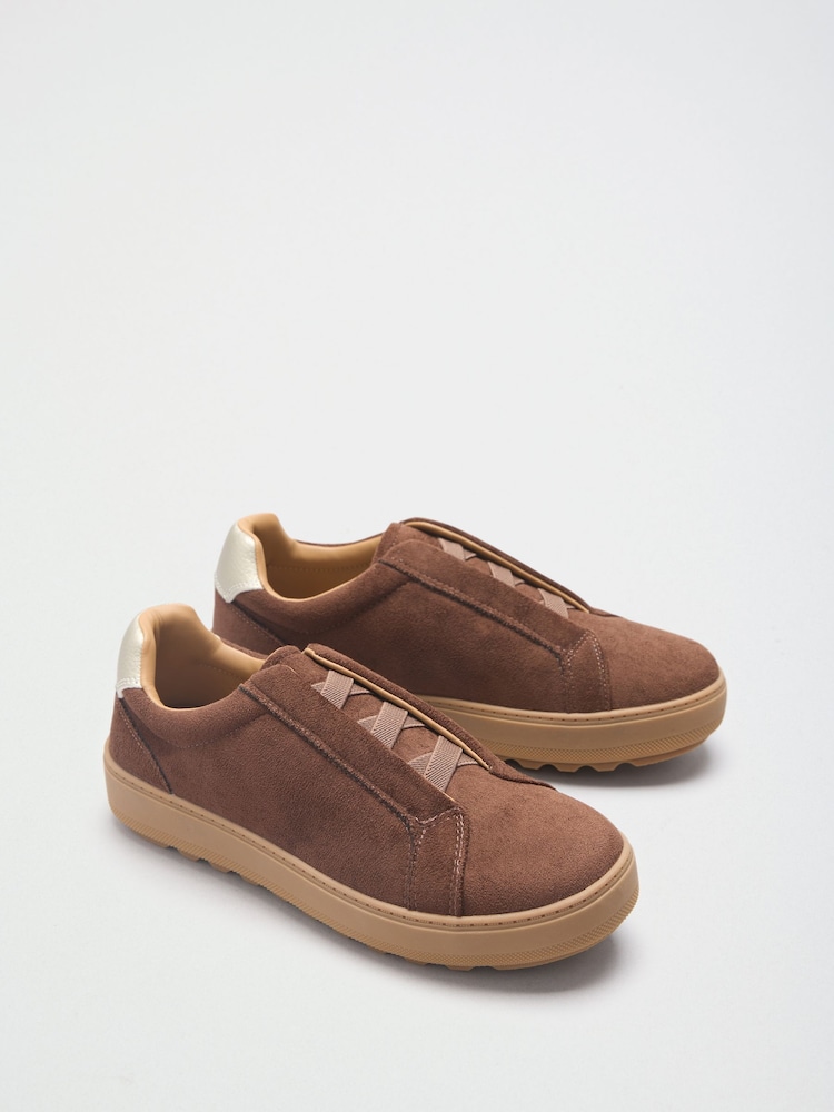 Friends Like These Chocolate Brown Faux Suede Wide Fit Elastic Lace Slip On Platform Casual Trainers - Image 2 of 4