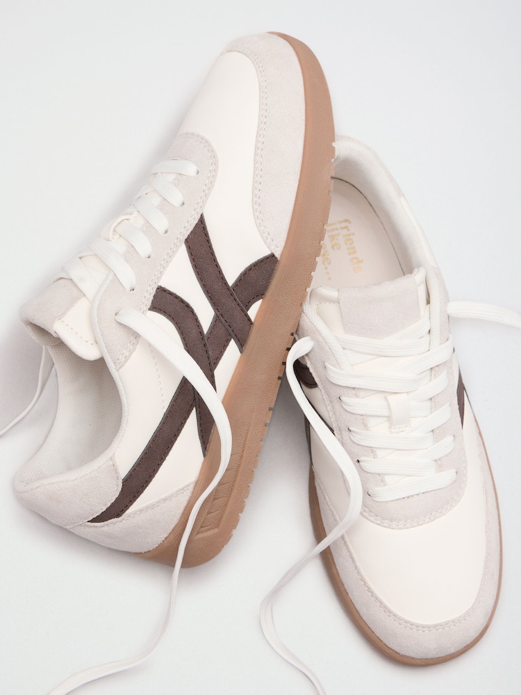 Friends Like These White/Brown Faux Suede Cross Over Panel Lace Up Gumsole Sports Trainers - Image 1 of 4 Friends Like These White/Brown Faux Suede Cross Over Panel Lace Up Gumsole Sports Trainers - Image 1 of 4