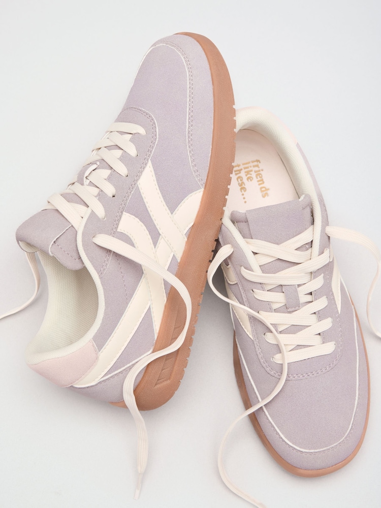 Friends Like These Grey/Ecru Faux Suede Cross Over Panel Lace Up Gumsole Sports Trainers - Image 1 of 4 Friends Like These Grey/Ecru Faux Suede Cross Over Panel Lace Up Gumsole Sports Trainers - Image 1 of 4