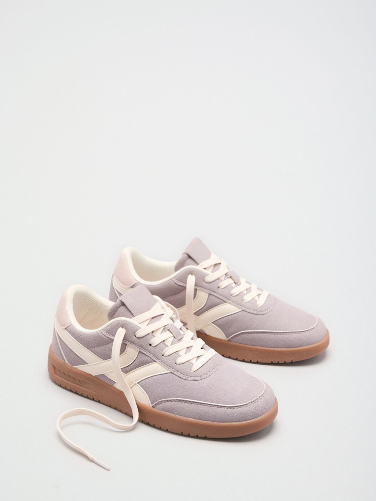Friends Like These Grey/Ecru Faux Suede Cross Over Panel Lace Up Gumsole Sports Trainers - Image 2 of 4 Friends Like These Grey/Ecru Faux Suede Cross Over Panel Lace Up Gumsole Sports Trainers - Image 2 of 4