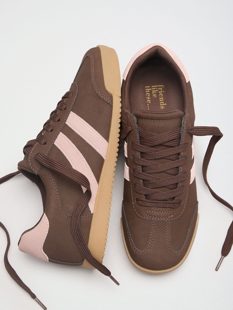 Friends Like These Chocolate Brown Standard Fit Lace-Up Retro Gumsole Sports Trainers - Image 1 of 4 Friends Like These Chocolate Brown Standard Fit Lace-Up Retro Gumsole Sports Trainers - Image 1 of 4