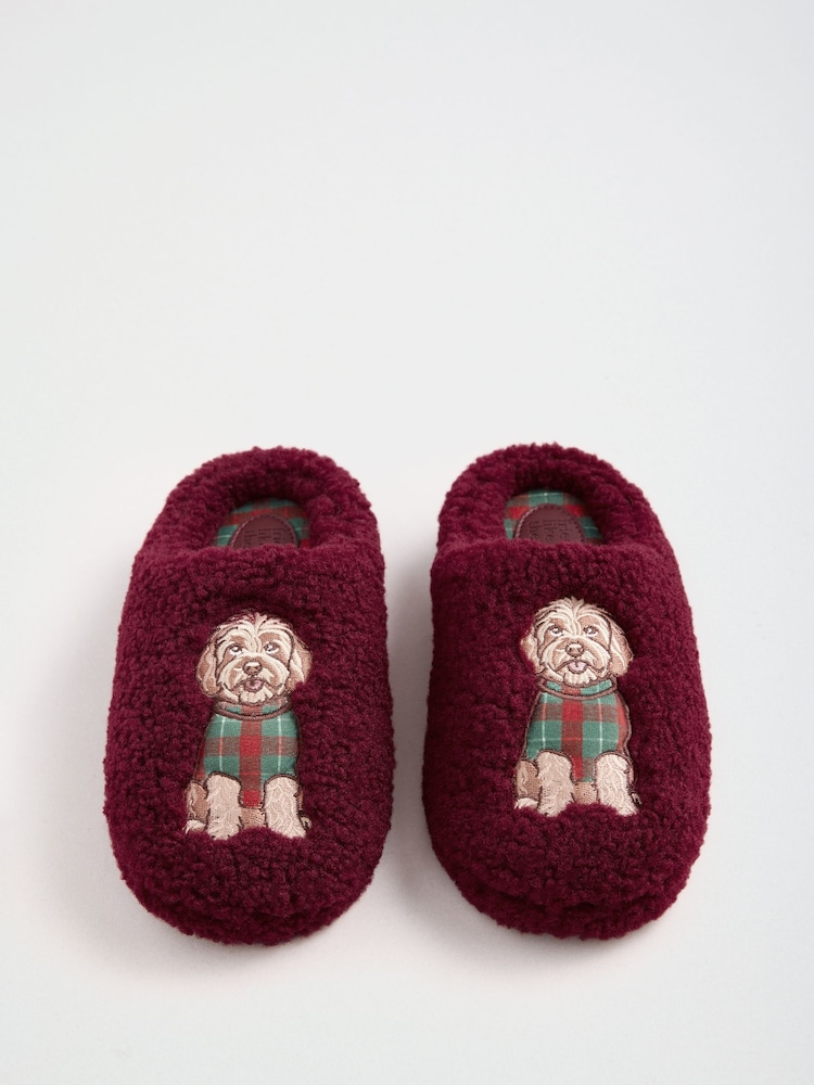 Friends Like These Burgundy Red Dog Motif Borg Cosy Mule Slippers - Image 1 of 4 Friends Like These Burgundy Red Dog Motif Borg Cosy Mule Slippers - Image 1 of 4