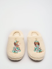Friends Like These Cream Christmas Dog Motif Borg Cosy Mule Slippers - Image 1 of 4