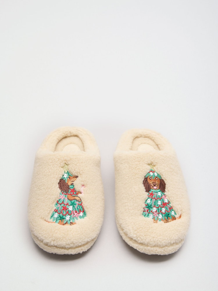 Friends Like These Cream Christmas Dog Motif Borg Cosy Mule Slippers - Image 1 of 4 Friends Like These Cream Christmas Dog Motif Borg Cosy Mule Slippers - Image 1 of 4