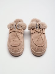 Friends Like These Taupe Suedette Faux Fur Lined Whipstitch Mule Slippers - Image 5 of 5