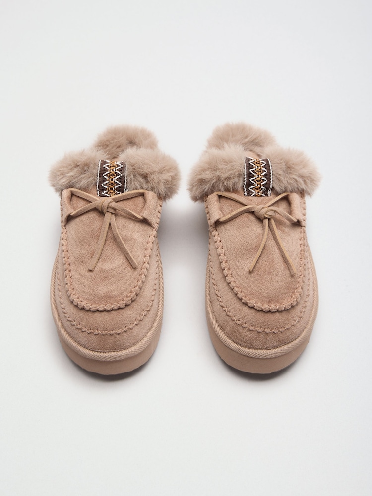 Friends Like These Taupe Suedette Faux Fur Lined Whipstitch Mule Slippers - Image 5 of 5 Friends Like These Taupe Suedette Faux Fur Lined Whipstitch Mule Slippers - Image 5 of 5