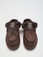 Friends Like These Chocolate Brown Suedette Faux Fur Lined Whipstitch Mule Slippers - Image 1 of 4