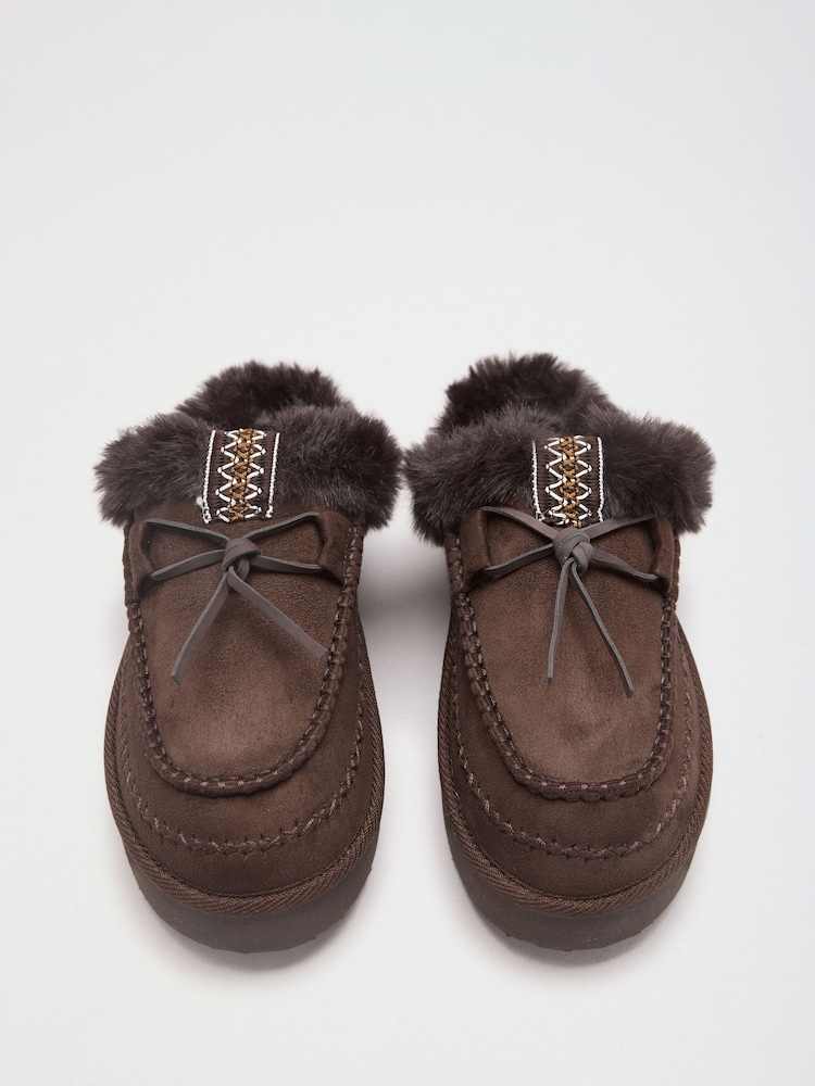 Friends Like These Chocolate Brown Suedette Faux Fur Lined Whipstitch Mule Slippers - Image 1 of 4 Friends Like These Chocolate Brown Suedette Faux Fur Lined Whipstitch Mule Slippers - Image 1 of 4
