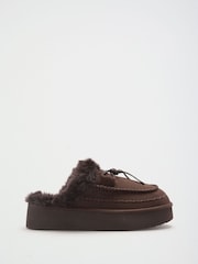 Friends Like These Chocolate Brown Suedette Faux Fur Lined Whipstitch Mule Slippers - Image 2 of 4