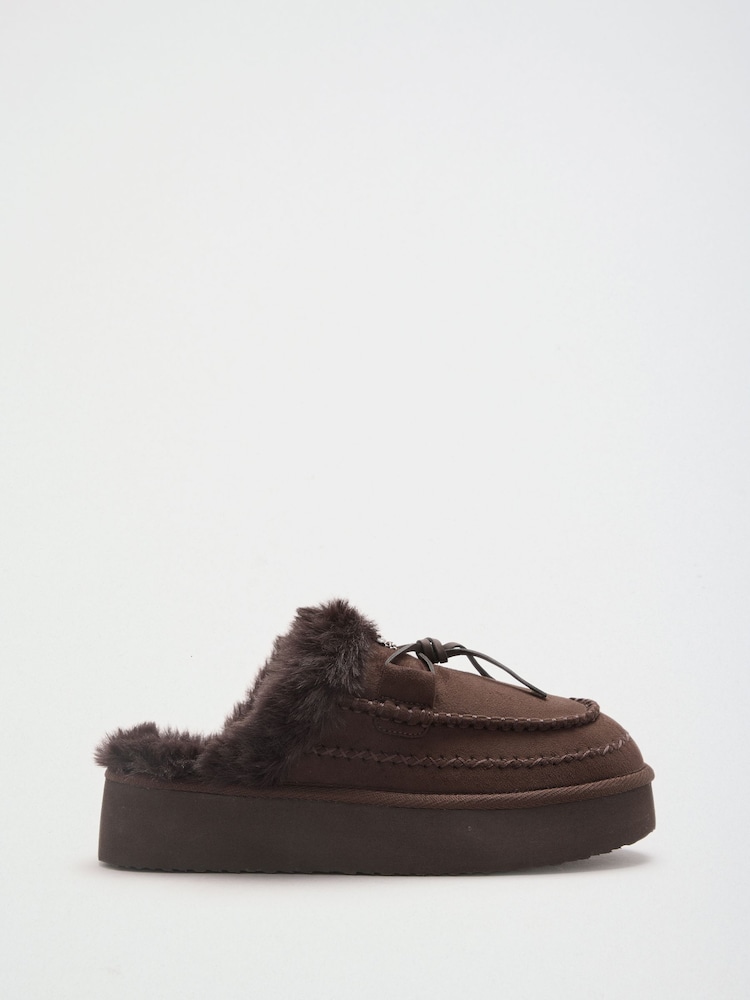 Friends Like These Chocolate Brown Suedette Faux Fur Lined Whipstitch Mule Slippers - Image 2 of 4 Friends Like These Chocolate Brown Suedette Faux Fur Lined Whipstitch Mule Slippers - Image 2 of 4