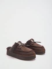 Friends Like These Chocolate Brown Suedette Faux Fur Lined Whipstitch Mule Slippers - Image 3 of 4