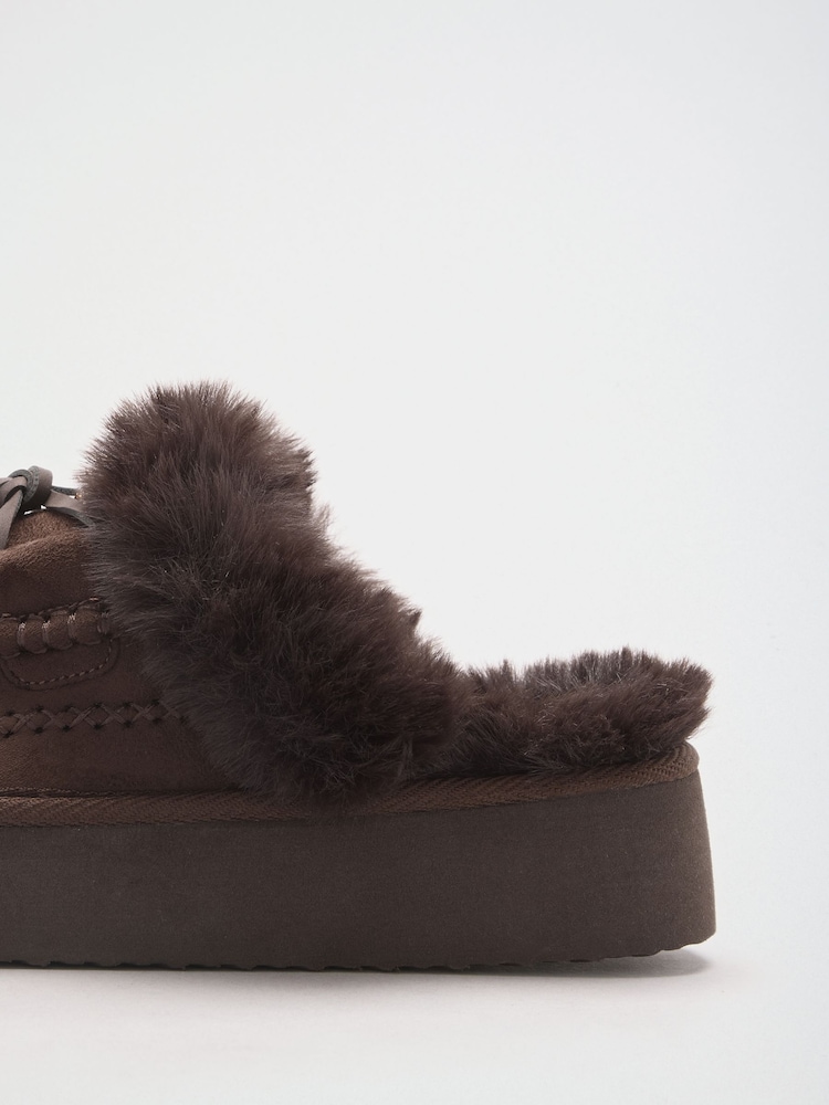 Friends Like These Chocolate Brown Suedette Faux Fur Lined Whipstitch Mule Slippers - Image 4 of 4 Friends Like These Chocolate Brown Suedette Faux Fur Lined Whipstitch Mule Slippers - Image 4 of 4