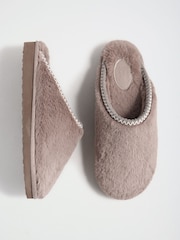 Friends Like These Taupe Faux Fur Tape Detail Mule Slippers - Image 1 of 5