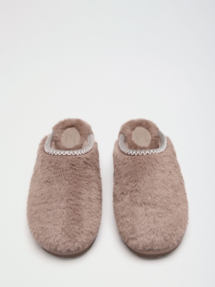 Friends Like These Taupe Faux Fur Tape Detail Mule Slippers - Image 2 of 5 Friends Like These Taupe Faux Fur Tape Detail Mule Slippers - Image 2 of 5