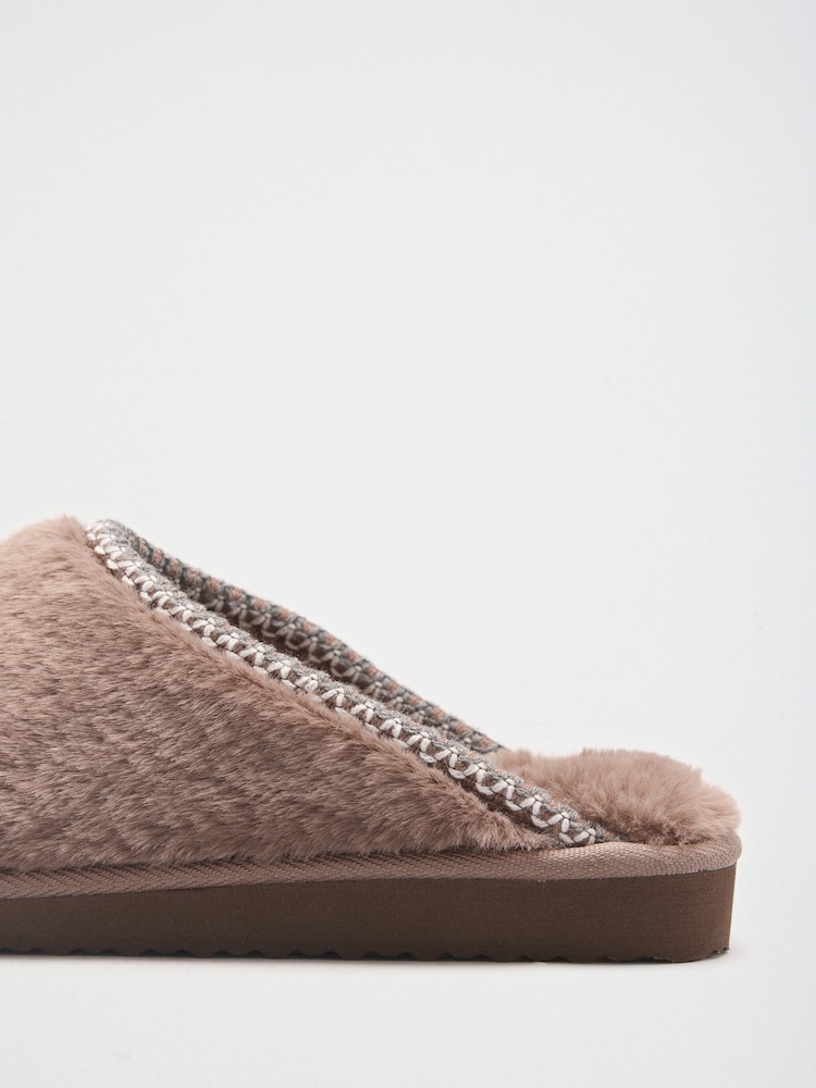 Friends Like These Taupe Faux Fur Tape Detail Mule Slippers - Image 5 of 5 Friends Like These Taupe Faux Fur Tape Detail Mule Slippers - Image 5 of 5