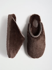 Friends Like These Chocolate Brown Faux Fur Tape Detail Mule Slippers - Image 1 of 5