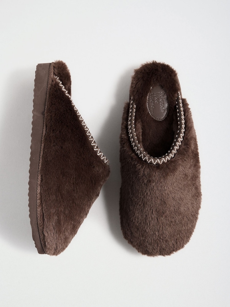 Friends Like These Chocolate Brown Faux Fur Tape Detail Mule Slippers - Image 1 of 5