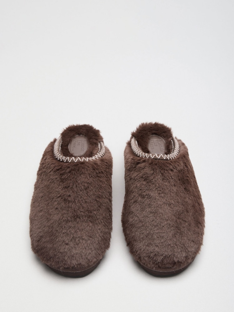 Friends Like These Chocolate Brown Faux Fur Tape Detail Mule Slippers - Image 2 of 5