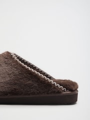 Friends Like These Chocolate Brown Faux Fur Tape Detail Mule Slippers - Image 5 of 5