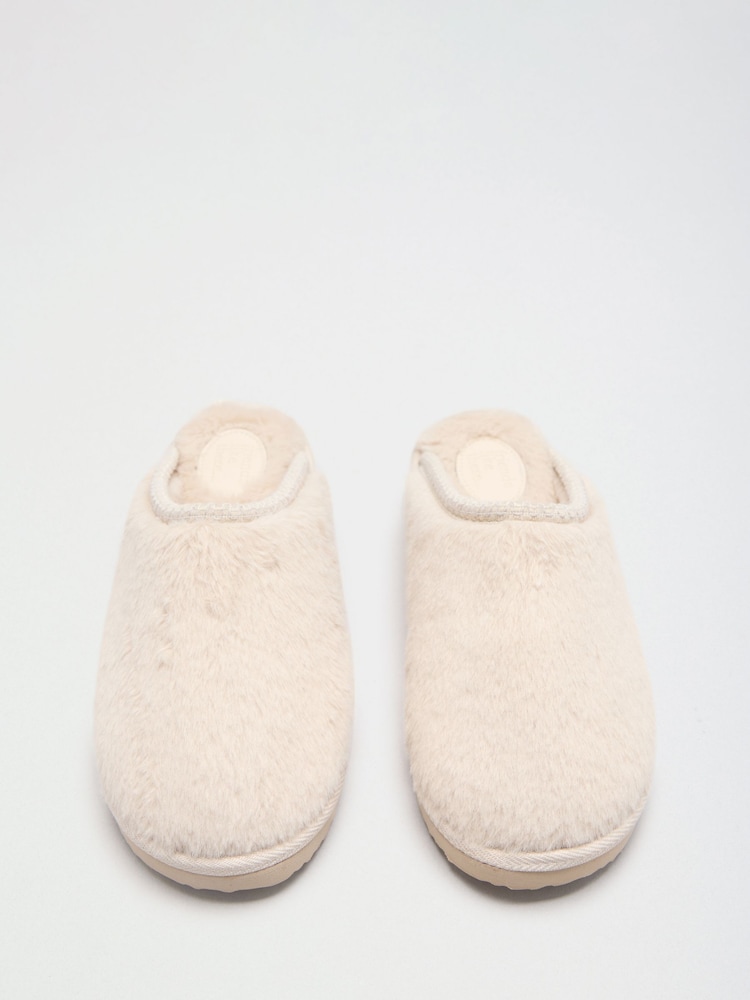 Friends Like These Cream Faux Fur Tape Detail Mule Slippers - Image 5 of 5