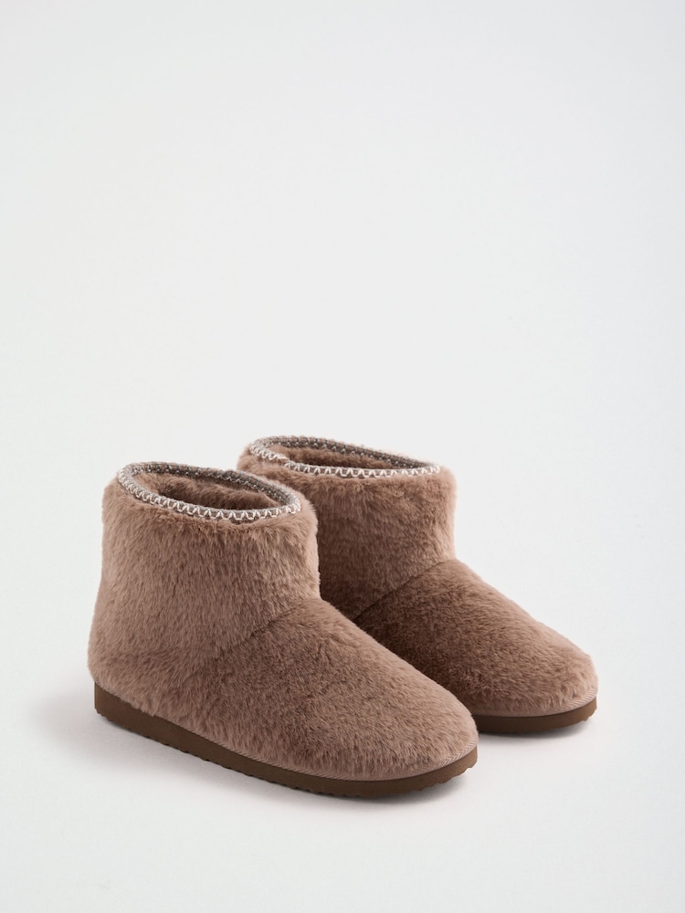 Friends Like These Taupe Faux Fur Tape Detail Ankle Boot Slippers - Image 1 of 4 Friends Like These Taupe Faux Fur Tape Detail Ankle Boot Slippers - Image 1 of 4