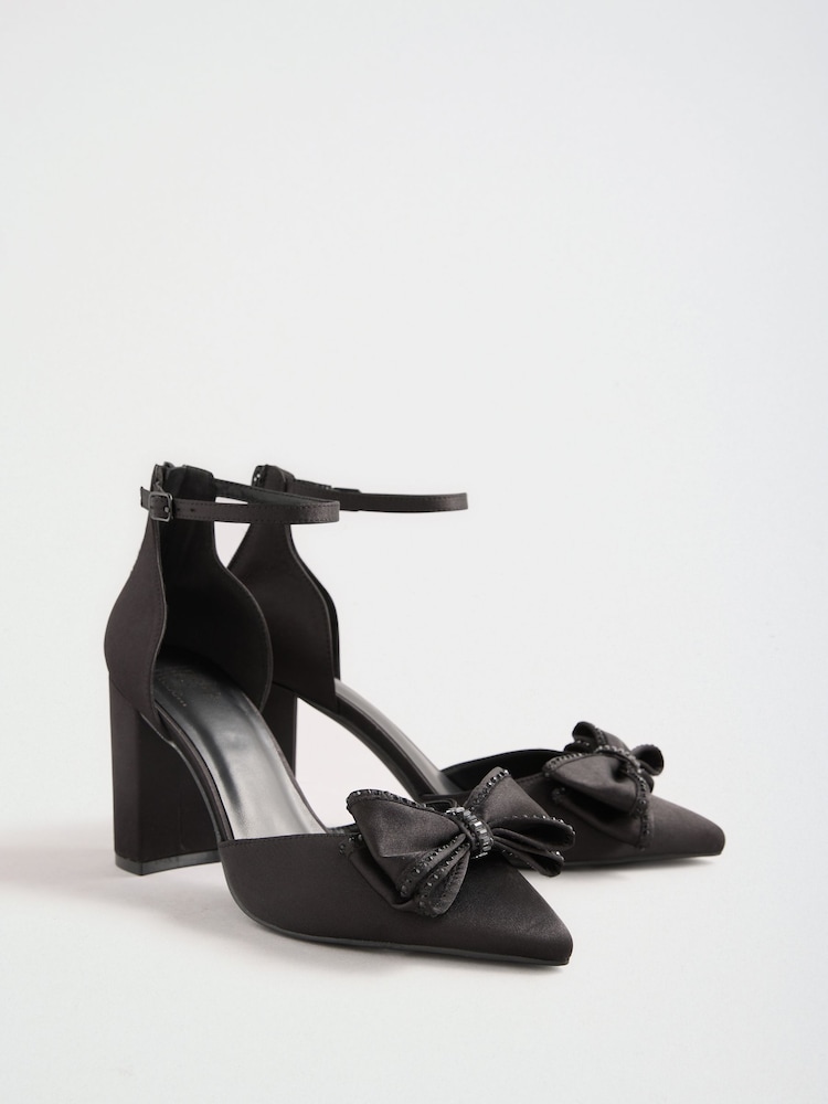 Friends Like These Black Satin Embellished Bow High Block Heel Court Shoes - Image 1 of 7