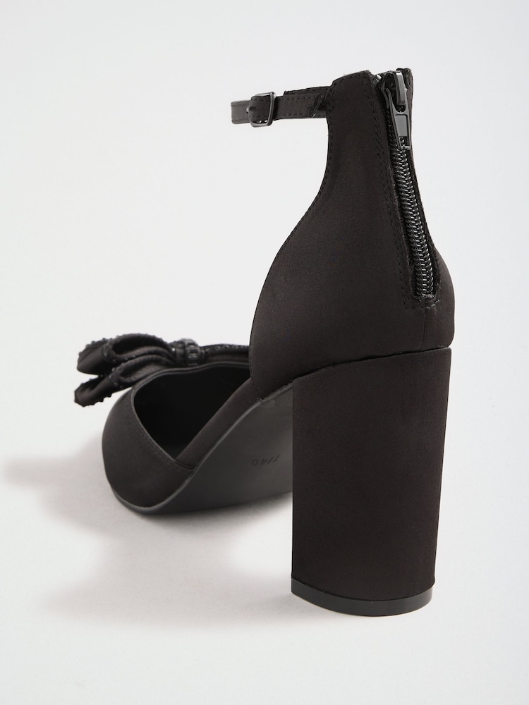 Friends Like These Black Satin Embellished Bow High Block Heel Court Shoes - Image 7 of 7
