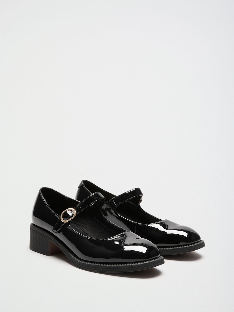 Friends Like These Black Wide Fit Low Block Heel Buckle Patent Faux Leather Maryjane Shoes - Image 1 of 4 Friends Like These Black Wide Fit Low Block Heel Buckle Patent Faux Leather Maryjane Shoes - Image 1 of 4