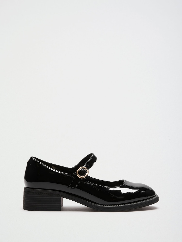 Friends Like These Black Wide Fit Low Block Heel Buckle Patent Faux Leather Maryjane Shoes - Image 2 of 4 Friends Like These Black Wide Fit Low Block Heel Buckle Patent Faux Leather Maryjane Shoes - Image 2 of 4