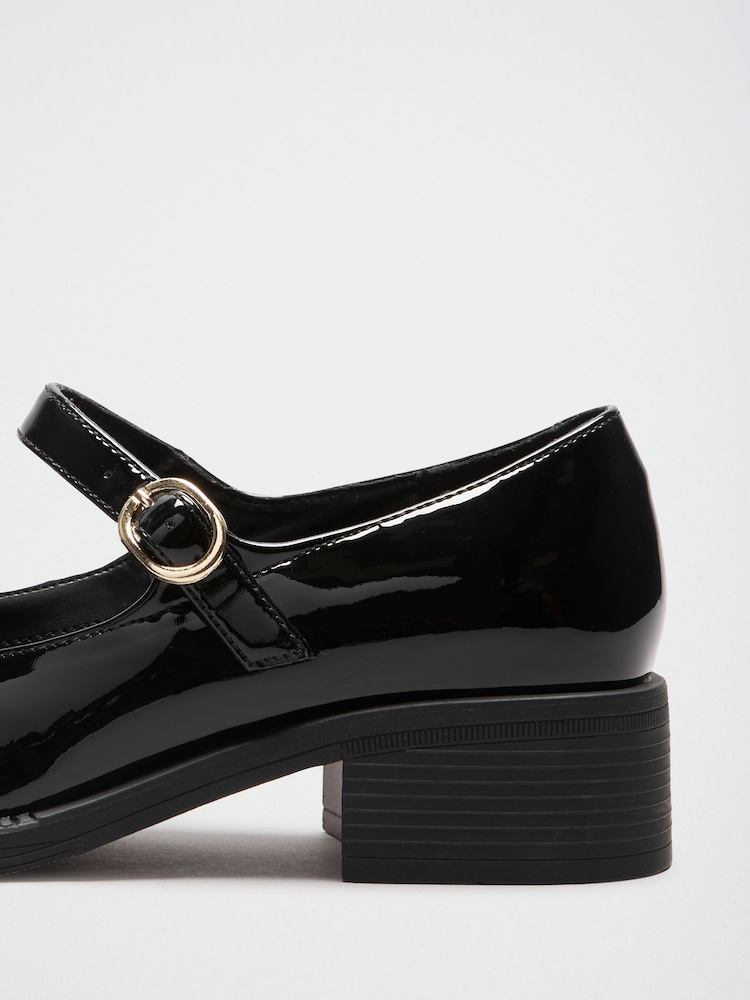 Friends Like These Black Wide Fit Low Block Heel Buckle Patent Faux Leather Maryjane Shoes - Image 4 of 4 Friends Like These Black Wide Fit Low Block Heel Buckle Patent Faux Leather Maryjane Shoes - Image 4 of 4