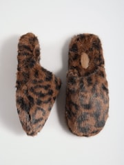 Chocolate Brown Leopard Animal - Friends Like These Spot Print Faux Fur Mule Slippers - 5суретінің 1 суреті