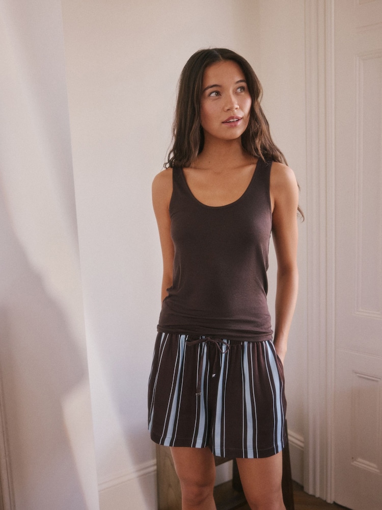 Chocolate Brown Stripe Studio Rib Racer Vest and Short Pyjamas Set - Image 1 of 5 Chocolate Brown Stripe Studio Rib Racer Vest and Short Pyjamas Set - Image 1 of 5