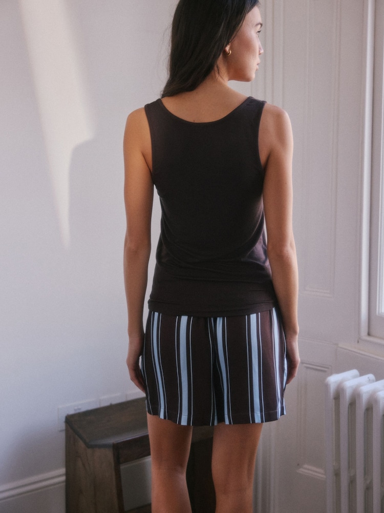 Chocolate Brown Stripe Studio Rib Racer Vest and Short Pyjamas Set - Image 2 of 5 Chocolate Brown Stripe Studio Rib Racer Vest and Short Pyjamas Set - Image 2 of 5