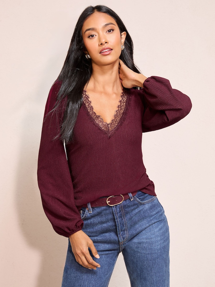 Friends Like These Aubergine Purple V-Neck Lace Trim Top - Image 1 of 4