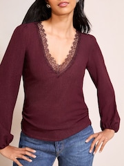 Friends Like These Aubergine Purple V-Neck Lace Trim Top - Image 2 of 4