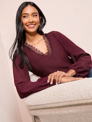 Friends Like These Aubergine Purple V-Neck Lace Trim Top - Image 3 of 4