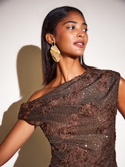 Friends Like These Brown 3D Floral Sequin Off Shoulder Top - Image 1 of 6