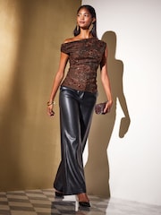 Friends Like These Brown 3D Floral Sequin Off Shoulder Top - Image 4 of 6
