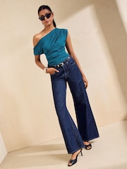 Friends Like These Teal Blue Draped Off The Shoulder Top - Image 3 of 5