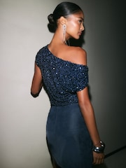 Friends Like These Navy Sequin Draped Off The Shoulder Top - Image 5 of 5