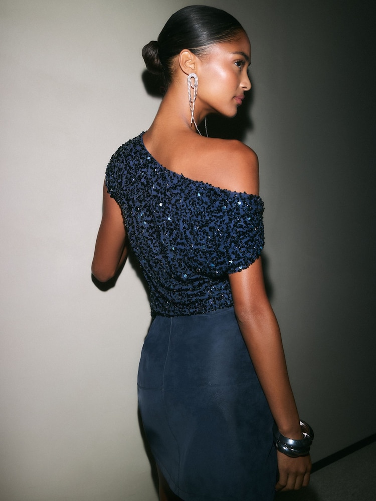 Friends Like These Navy Sequin Draped Off The Shoulder Top - Image 5 of 5 Friends Like These Navy Sequin Draped Off The Shoulder Top - Image 5 of 5