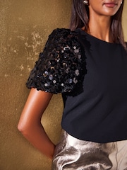 Friends Like These Black Floral Sequin Puff Sleeve Top - Image 2 of 5