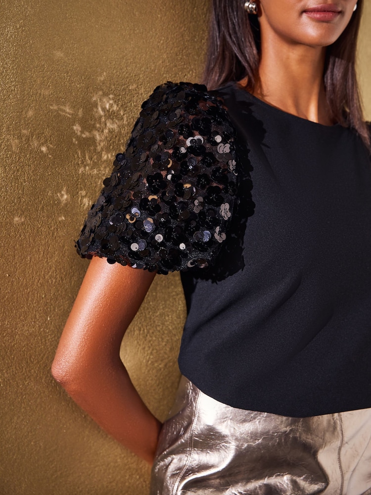 Friends Like These Black Floral Sequin Puff Sleeve Top - Image 2 of 5 Friends Like These Black Floral Sequin Puff Sleeve Top - Image 2 of 5