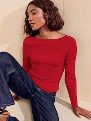 Rot - Friends Like These Long Sleeve Ribbed Boat Neck T-Shirt - Bild 1 von 5