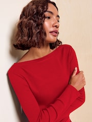 Rot - Friends Like These Long Sleeve Ribbed Boat Neck T-Shirt - Bild 2 von 5