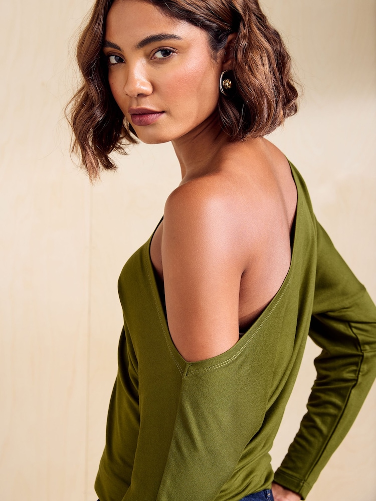 Friends Like These Olive Green Off Shoulder Long Sleeve Jersey Top - Image 2 of 6 Friends Like These Olive Green Off Shoulder Long Sleeve Jersey Top - Image 2 of 6