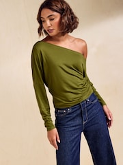 Friends Like These Olive Green Off Shoulder Long Sleeve Jersey Top - Image 3 of 6