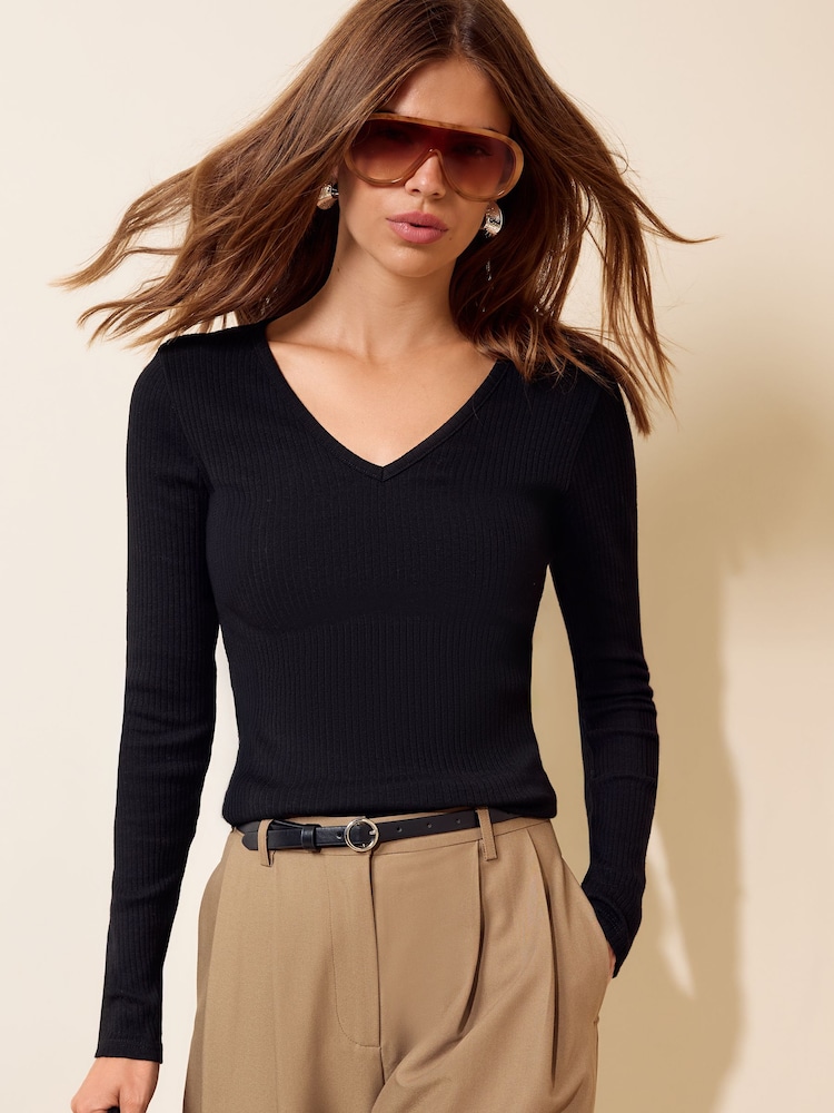 Negro - Friends Like These blusa de Manga larga con Cuello de pico y canalé. - Imagen 1 de 5