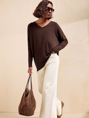 Friends Like These Chocolate Brown Soft Jersey V-Neck Long Sleeve Tunic Top - Image 3 of 5