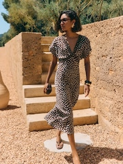 Friends Like These Brown/Cream Satin Lace Trim Batwing Midi Dress - Image 1 of 5